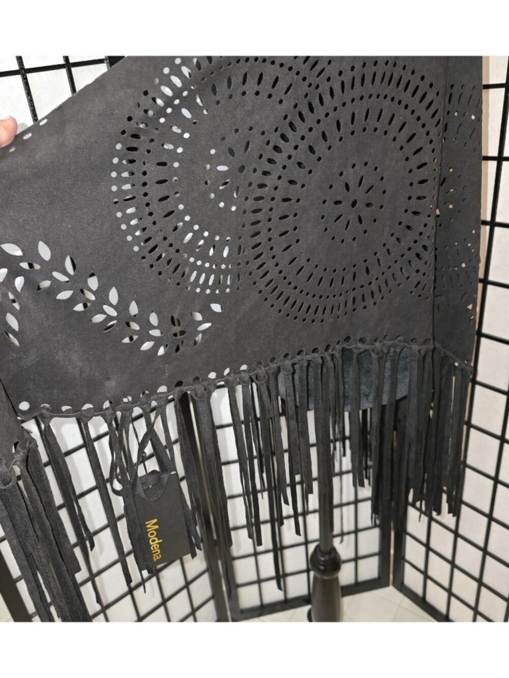 ​Modena Black Faux Suede Laser Cut Fringe Shawl Wrap Mandala Boho Festival NWT